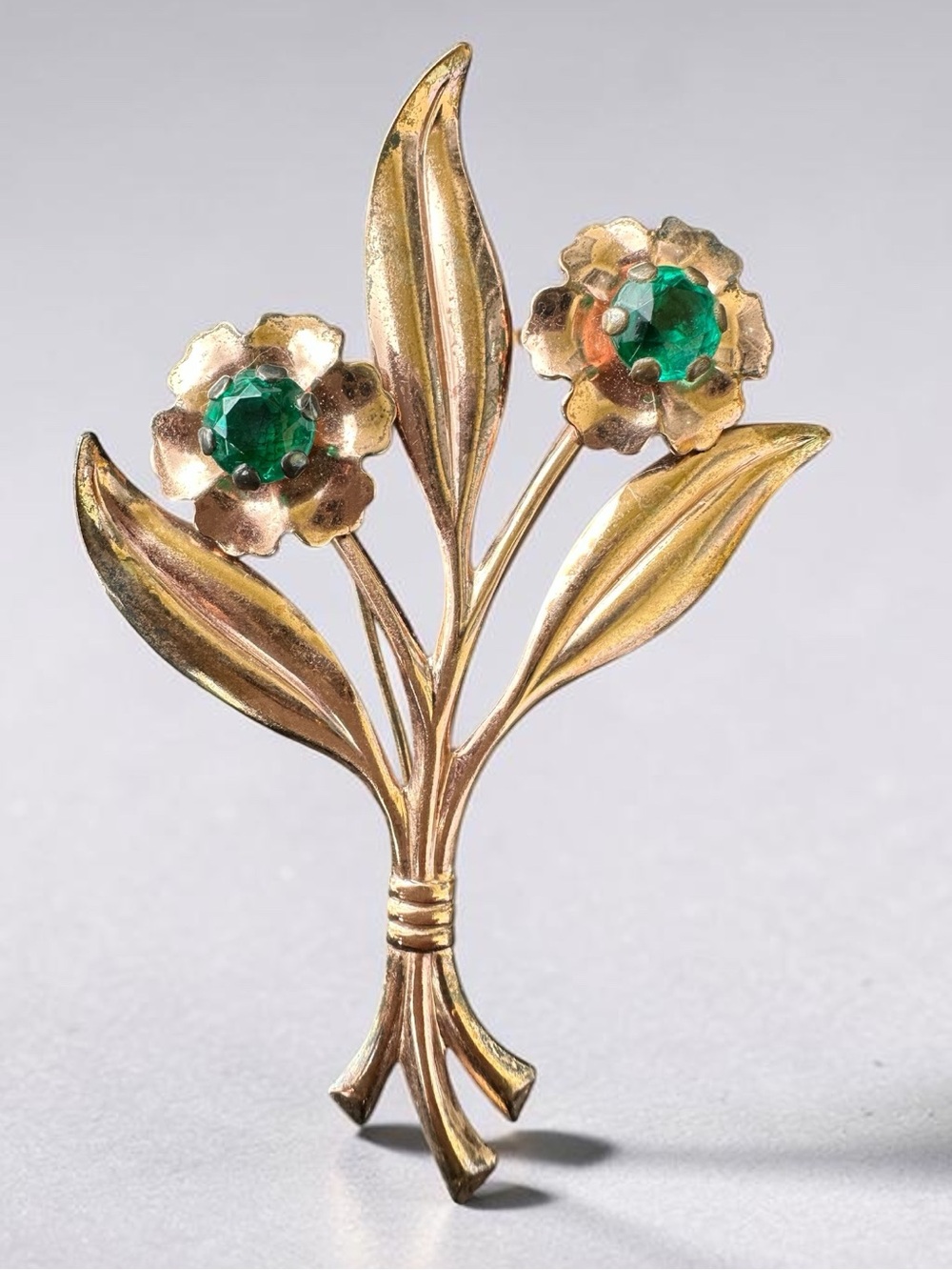 Vintage 1/20-12K Gold Filled Emerald Green Glass Floral Bouquet Brooch Pin 3.25"